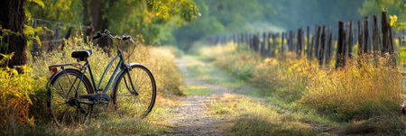 A bicycle is parked beside a winding trail through a vineyard, with golden afternoon light illuminating the lush greenery and rustic fence.の素材