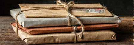 Bundles of paper mail parcels stacked neatly, each tied with rustic string, resting on a weathered wooden surface in a warm, inviting space.の素材