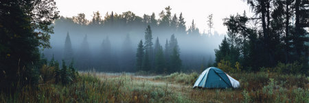 A peaceful tent rests in a clearing, shrouded in morning mist as the sun begins to rise, casting a gentle light on the tranquil forest surroundings.の素材