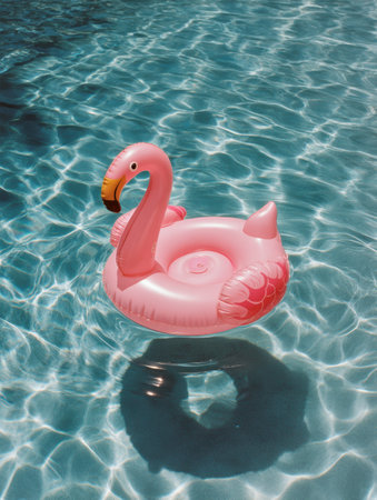 A bright pink flamingo float drifts slowly on the shimmering surface of a clear blue pool under the sun, evoking a sense of summer leisure and fun.の素材