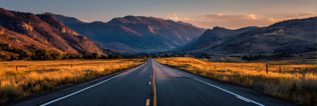 A tranquil road stretches into a stunning mountain valley, framed by golden hour light that casts a warm glow over the lush grass and distant peaks.の素材