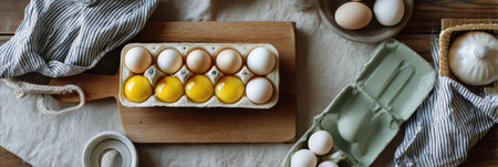 A cozy kitchen table features a wooden cutting board displaying a carton filled with fresh eggs, hinting at a breakfast preparation.の素材