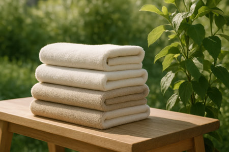 Neatly stacked soft towels are arranged on a wooden table in a peaceful outdoor area with lush greenery in the background.の素材
