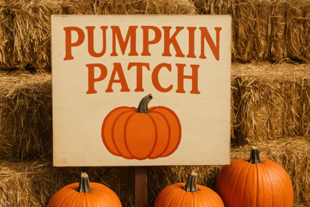 A lively pumpkin patch filled with bright orange pumpkins and hay bales presents a perfect fall setting.の素材