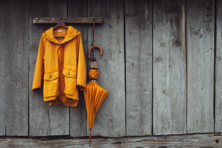 A bright yellow raincoat and matching umbrella are neatly hung on an aged wooden wall, adding a pop of color to a tranquil outdoor space on a rainy day.の素材