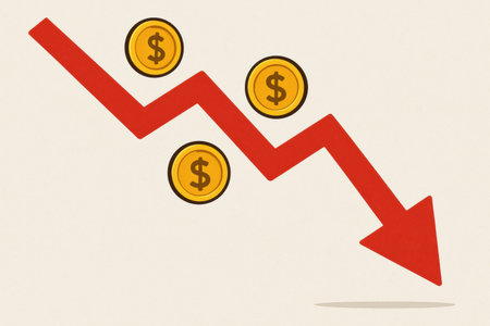 A downward arrow signifies a financial decline, while three falling coins emphasize economic challenges and potential risks in markets.の素材