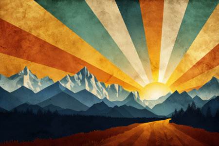 This captivating travel poster showcases majestic mountains beneath a radiant sunburst, inviting adventure seekers to explore stunning natural beauty.の素材