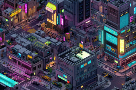A lively cyberpunk district showcases flying cars weaving through neon-lit streets.の素材