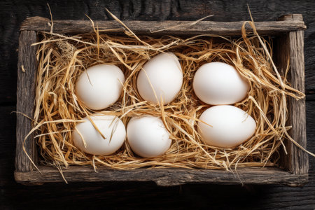 Collection of raw eggs nestled in rice straw within a rustic wooden tray, showing a natural and simple aesthetic in a warm setting.の素材