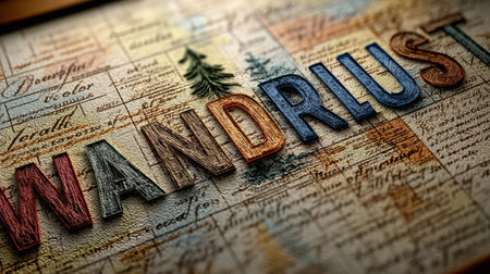 Wanderlust typography integrates natural travel textures, inspiring dreams of adventure during sunrise over diverse landscapes and cultures around the worldの素材