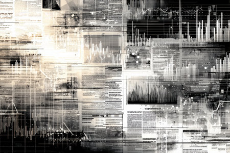 Stock charts and newspaper headlines overlap creating a dense, chaotic visual representation of current economic events and market dynamics in modern finance.の素材