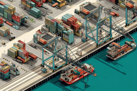 Cargo containers are stacked neatly in an isometric port, while loading cranes operate efficiently to transfer goods between ships and the dock.の素材