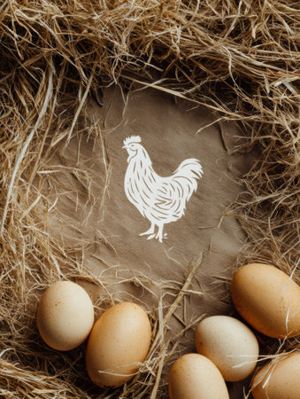 Showcasing a well-designed organic farm logo on a rustic surface surrounded by scattered hay and fresh eggs, conveying a sense of farm freshness and nature.の素材