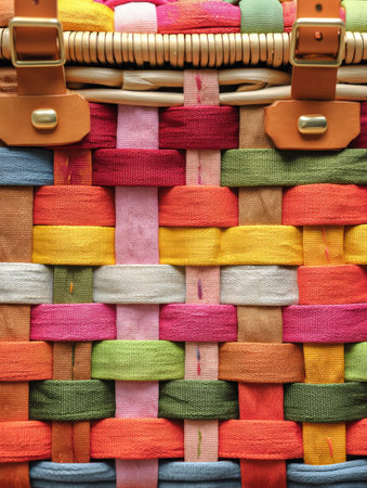 Close-up view reveals a woven basket filled with colorful fabric, highlighting the artistry of basket weaving and inviting outdoor picnic adventures.の素材