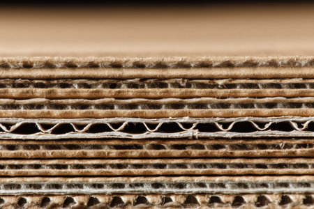 Detailed close-up of corrugated cardboard showing its layered texture and patterns.の素材