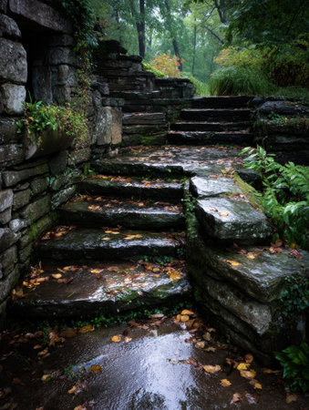 Stone steps lead through a lush landscape with cascading leaves, dampened by light rain, creating a tranquil and refreshing atmosphere in nature.の素材