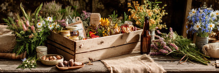 A rustic wooden crate is filled with picnic essentials and vibrant wildflowers, creating a charming outdoor setting perfect for a delightful gathering.の素材