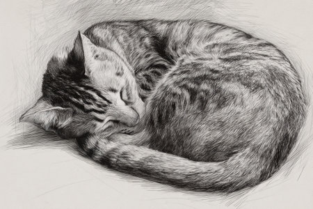 Detailed sketch features a curled cat resting peacefully, embodying tranquility against a softly shaded background, perfect for cat lovers and art enthusiasts.の素材