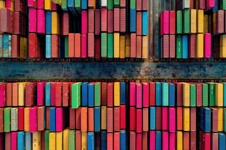 Colorful shipping containers form a striking pattern from an aerial perspective, reflecting the lively activity of a busy shipping yard during the day.の素材