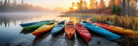 Brightly colored kayaks are lined up along the shore of a tranquil lake at sunrise. Mist drifts above the water, creating a peaceful morning atmosphere.の素材