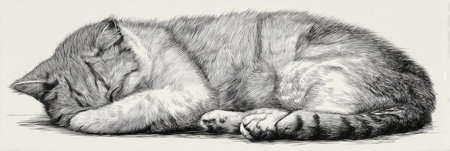 A curled cat rests peacefully in a cozy position, its fur softly blending into the gentle background, evoking a sense of calm and comfort.の素材