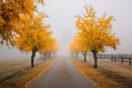 A quiet path shrouded in fog leads through golden trees, creating a tranquil autumn experience in a peaceful countryside setting.の素材