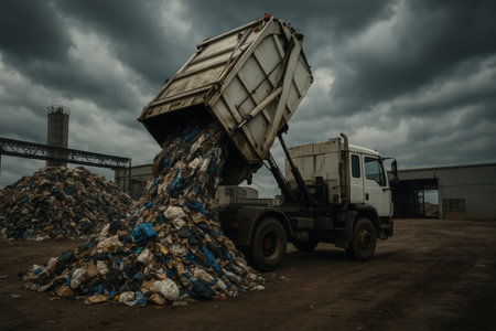 A garbage truck empties its load of plastic waste at a landfill, surrounded by piles of garbage and dramatic cloud cover.の素材