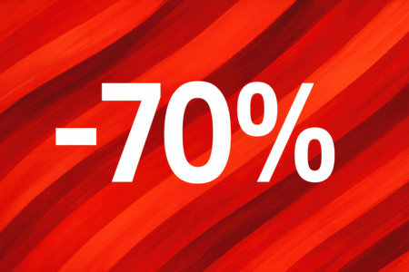 Bold white text indicates a 70 percent discount against a striking red backdrop, creating an eye-catching announcement for shoppers during sale time.の素材