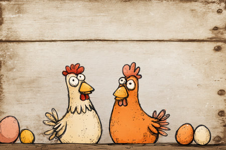 Two playful cartoon hens stand beside vibrant eggs in a rustic barn, surrounded by wooden textures that add charm to the cheerful atmosphere.の素材