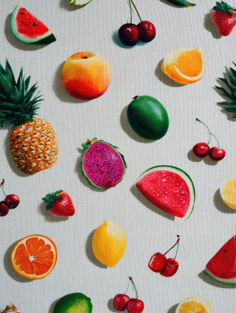 Colorful summer fruits are scattered across light fabric, showcasing watermelons, cherries, and tropical delights, perfect for brightening up any space.の素材