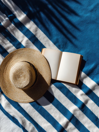Enjoy a peaceful moment at the beach with a cozy towel, stylish straw hat, and an inviting book waiting to be read under the sun.の素材
