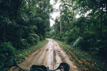 Rider navigates a muddy road winding through a vibrant tropical jungle, surrounded by dense greenery and tall trees on an overcast day.の素材