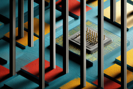 A semiconductor chip is framed by vertical trade bars, symbolizing security in tech and innovation against a colorful backdrop.の素材