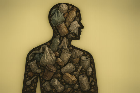 A silhouette of a human form filled with different types of trash such as plastic bags and cans emphasize the impact of waste on our planet and society.の素材