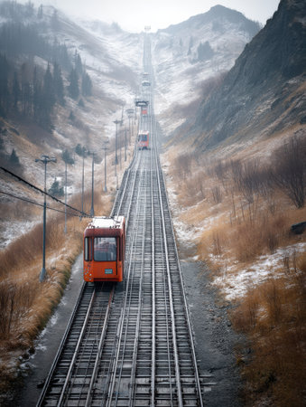 A vibrant cable car climbs a rugged mountain slope, navigating through fog and showing striking patterns in the landscape during a chilly day.の素材