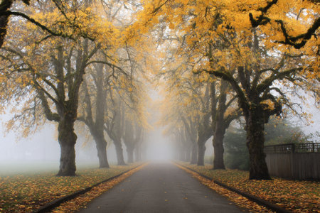 A tranquil pathway disappears into dense fog, bordered by vibrant golden trees that enhance the beauty of autumn, evoking a sense of calm and wonder.の素材