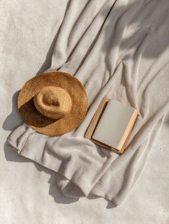Cozy beach setup featuring a soft towel, a wide-brimmed hat, and an open book. Perfect relaxation on a sunny day by the ocean, inviting downtime.の素材