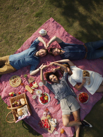 Group of friends relaxes on a picnic blanket under the sun forming a heart shape with their arms while sharing tasty food and enjoying each others companyの素材
