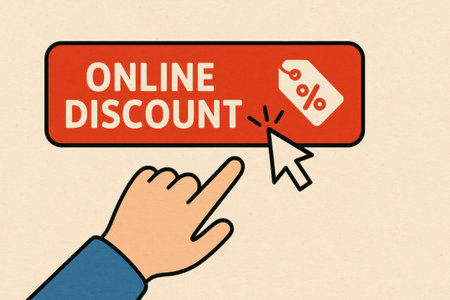 A hand is reaching out to click an online discount button, representing digital shopping and savings during a promotional event.の素材