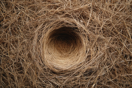 Top-down view of a circular nest made from straw, featuring a central space designed for a logo, set in a natural environment during daylight.の素材