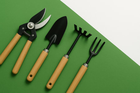Various gardening tools are arranged neatly on a vibrant green surface, ideal for planting and maintaining gardens, showing quality craftsmanship.の素材