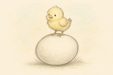 A small fluffy chick with bright yellow feathers stands proudly atop a large egg in a charming pastel drawing that illustrates new beginnings.の素材