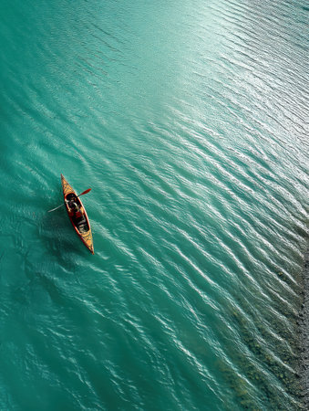 A kayaker navigates the calm, crystal-clear waters of a glacier lake, taking in the breathtaking beauty of the surrounding landscape on a sunny day.の素材