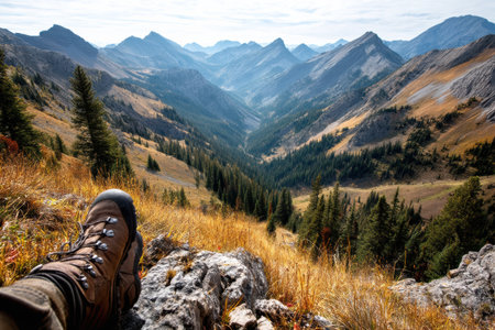 Hiking boots are positioned on a rocky outcrop, giving an expansive view of a deep valley surrounded by rugged mountain peaks during daylight.の素材