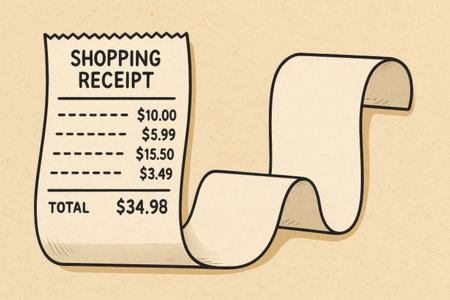 A shopping receipt details the purchased items with individual prices totaling 34.98, showcasing a simple, clean design with no additional graphics.の素材
