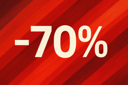 Bright red backdrop highlights a bold 70 percent discount, drawing attention to exciting promotions available for customers in a retail setting.の素材