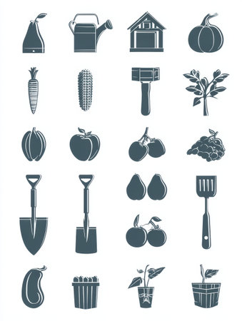 This icon set showcases farm tools and produce, ideal for agricultural-themed designs and activities.の素材