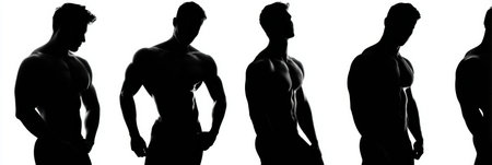 Contestants showcase strong, defined physiques in neutral lighting, highlighting their muscular silhouettes and the spirit of competition.の素材