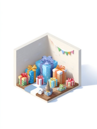 A vibrant isometric gift corner displays neatly wrapped presents and a small tree, creating a festive and cheerful atmosphere perfect for celebrations.の素材