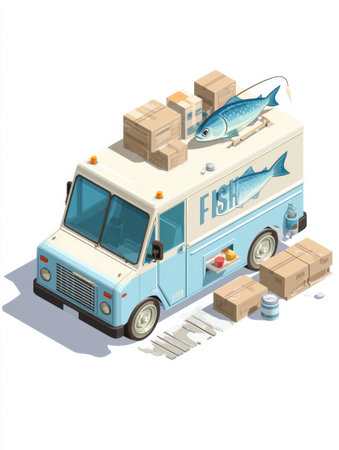 Flat isometric design of a delivery van specializing in fish. Packed with boxes and supplies, it showcases a vibrant and organized setup for fresh deliveries.の素材